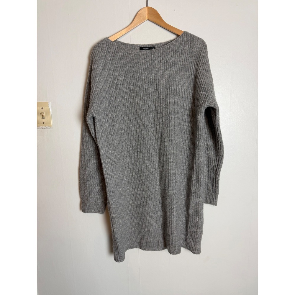 Theory Grey Ribbed Wool Blend Boat Neck Sweater Dress oversized slouchy coastal